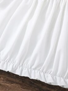 SHEIN 女孩網紗拼接貼花褶邊挖肩襯衫 - 白色 - 查看 3