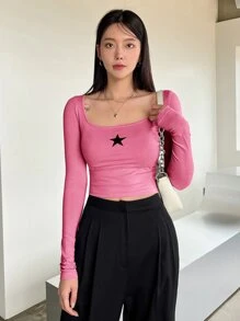 DAZY 星星印花圓領短款t恤 - 粉色 - 查看 4