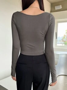 DAZY Star Print Scoop Neck Crop Tee Y2k Fall Tops - Dark Grey - View 2