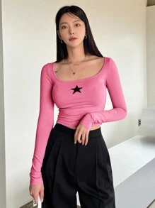 DAZY 星星印花圓領短款t恤 - 粉色 - 查看 5