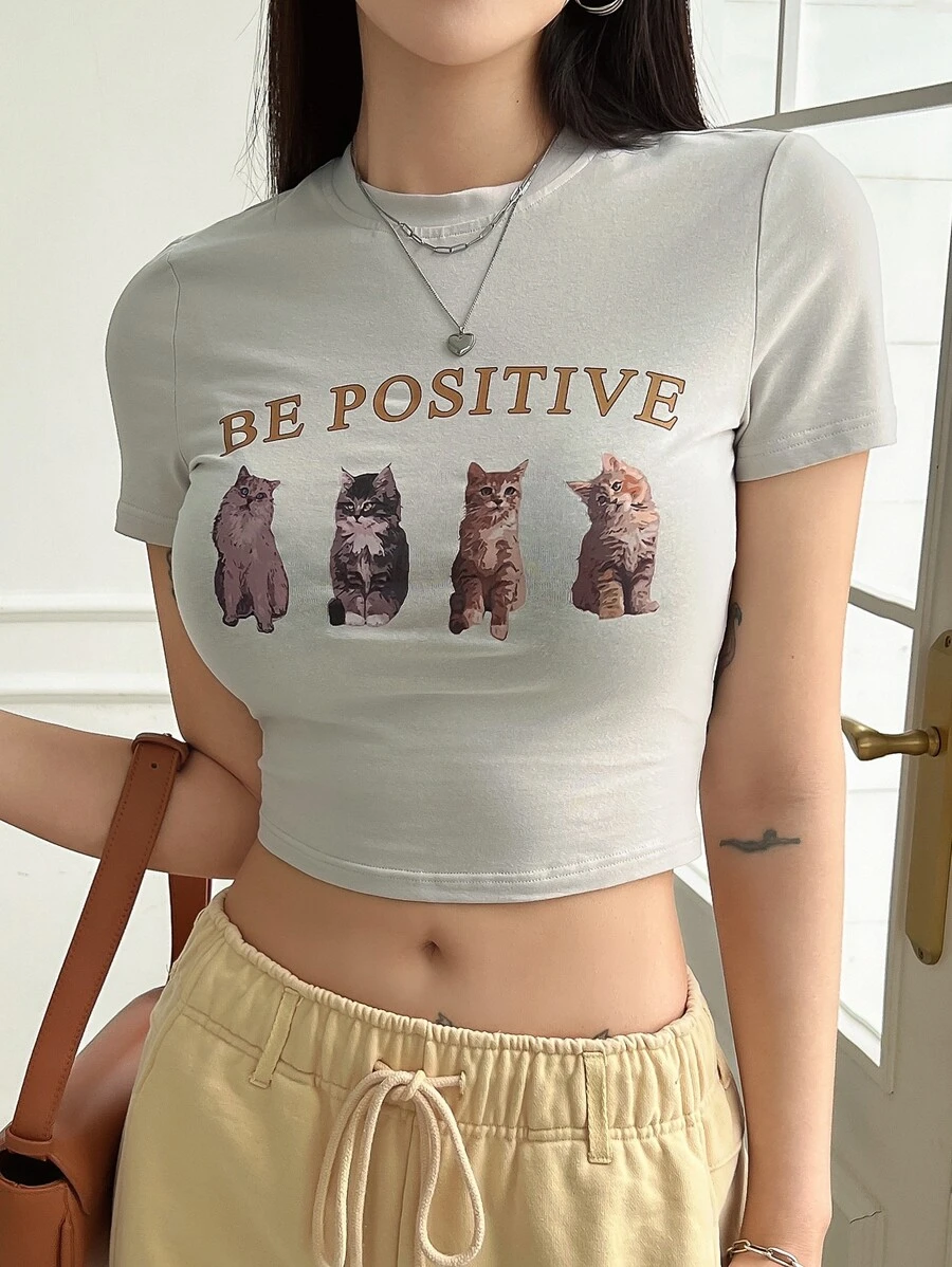 DAZY 猫咪字母图案短款T恤 复活节 - 淺灰色 - 查看 1