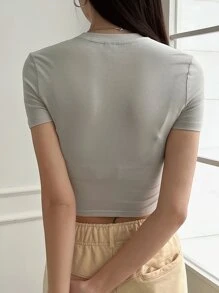 DAZY 猫咪字母图案短款T恤 复活节 - 淺灰色 - 查看 2