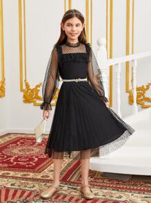 SHEIN 女童1入組荷葉邊飾荷葉袖網布上衣和1入組短裙不附腰帶 - 黑色 - 查看 6