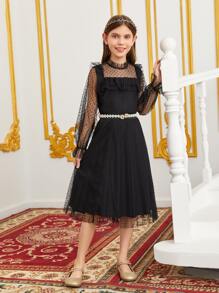 SHEIN 女童1入組荷葉邊飾荷葉袖網布上衣和1入組短裙不附腰帶 - 黑色 - 查看 5