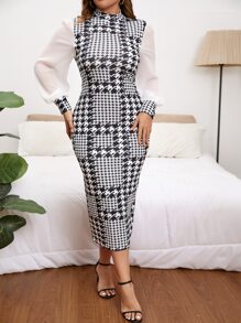 SHEIN Privé 大碼千鳥格印花網紗拼接燈籠袖緊身洋裝 - 黑與白 - 查看 1