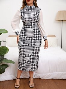SHEIN Privé 大碼千鳥格印花網紗拼接燈籠袖緊身洋裝 - 黑與白 - 查看 4