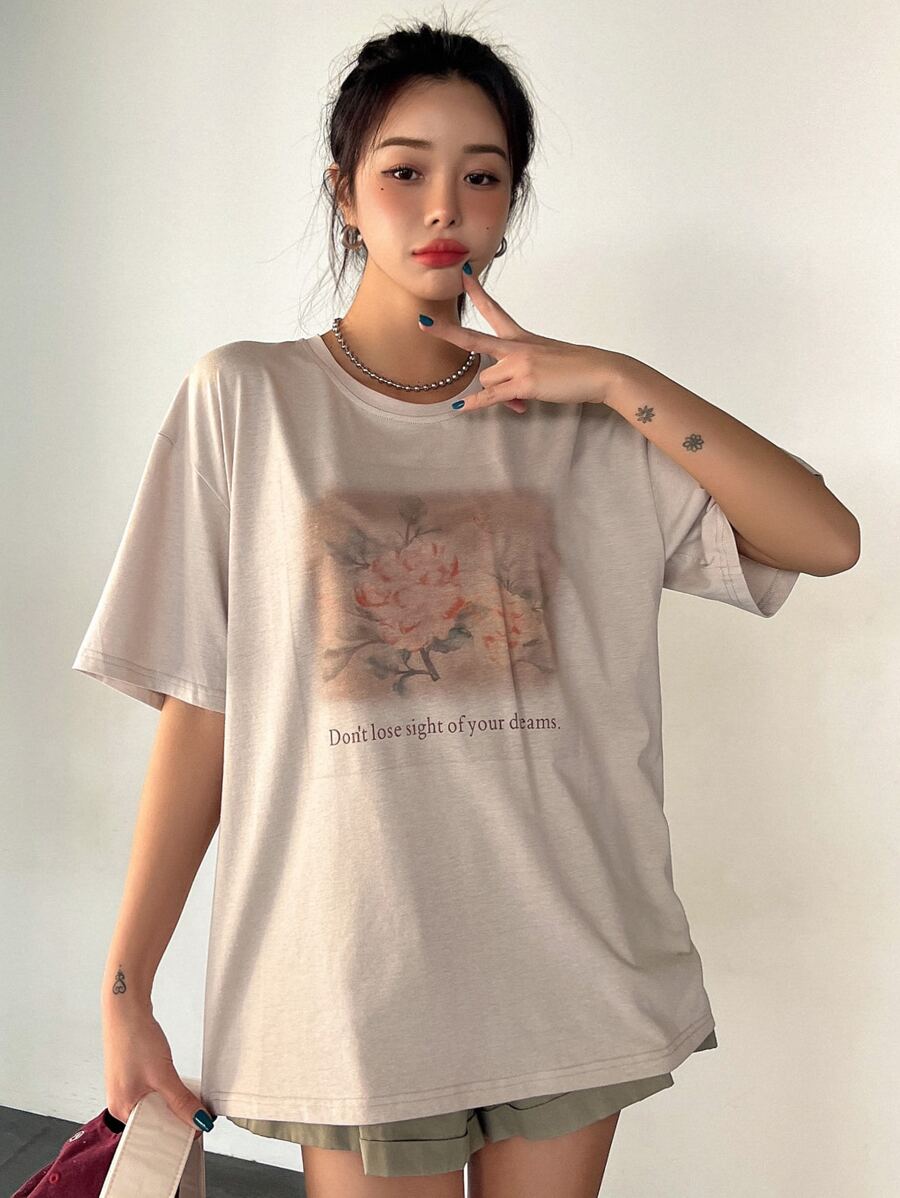 DAZY Floral & Slogan Graphic Drop Shoulder Tee - Apricot - View 1