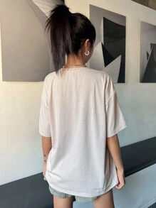 DAZY Floral & Slogan Graphic Drop Shoulder Tee - Apricot - View 2