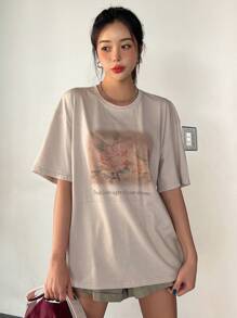 DAZY Floral & Slogan Graphic Drop Shoulder Tee - Apricot - View 3