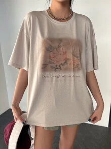 DAZY Floral & Slogan Graphic Drop Shoulder Tee - Apricot - View 4