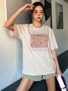 DAZY Floral & Slogan Graphic Drop Shoulder Tee - Apricot - View 5