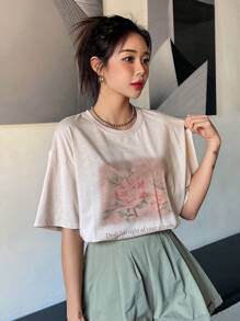 DAZY Floral & Slogan Graphic Drop Shoulder Tee - Apricot - View 6