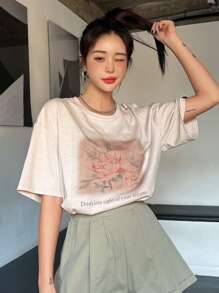 DAZY Floral & Slogan Graphic Drop Shoulder Tee - Apricot - View 7