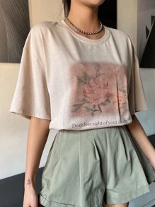 DAZY Floral & Slogan Graphic Drop Shoulder Tee - Apricot - View 8