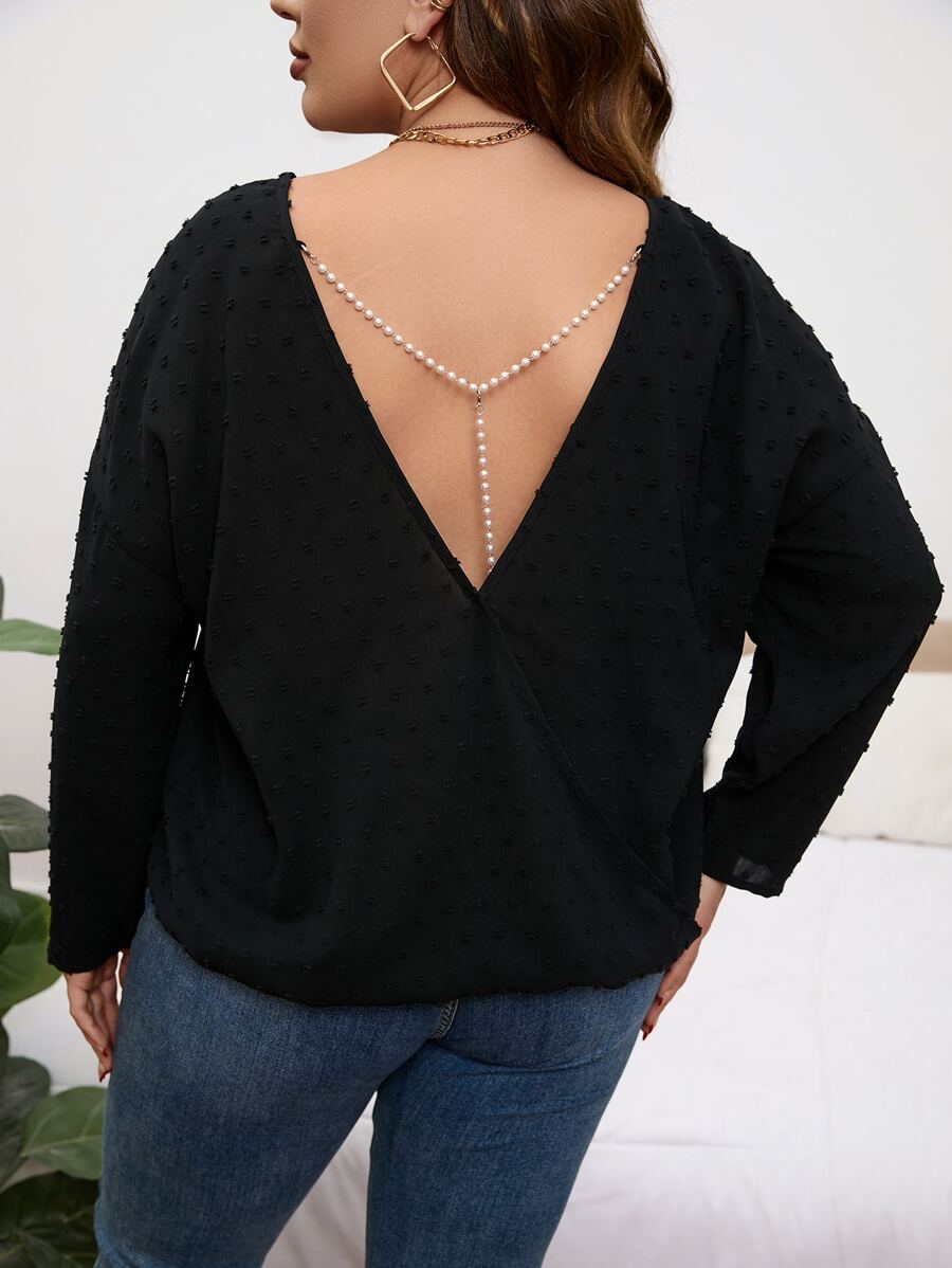 SHEIN LUNE Plus Swiss Dot Pearls Chain Detail Drop Shoulder Blouse - Black - View 1