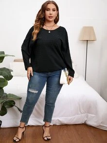 SHEIN LUNE Plus Swiss Dot Pearls Chain Detail Drop Shoulder Blouse - Black - View 3