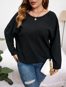 SHEIN LUNE Plus Swiss Dot Pearls Chain Detail Drop Shoulder Blouse - Black - View 4