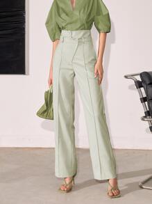 Quần công sở lưng cao ống đứng màu trơn thường ngày cho nữ mùa xuân/hè - Màu xanh Bạc hà - Xem 1