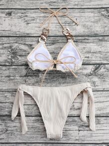 Swim Vcay Summer Beach Chain Linked Halter Triangle Bikini Set - Beige - View 4