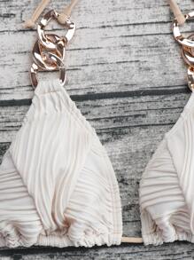 Swim Vcay Summer Beach Chain Linked Halter Triangle Bikini Set - Beige - View 6