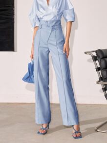 Quần ống đứng lưng cao màu trơn thường ngày cho nữ, mặc đi làm/đi chơi, xuân/hè - Màu xanh nhạt - Xem 1