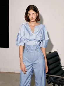 Quần ống đứng lưng cao màu trơn thường ngày cho nữ, mặc đi làm/đi chơi, xuân/hè - Màu xanh nhạt - Xem 4