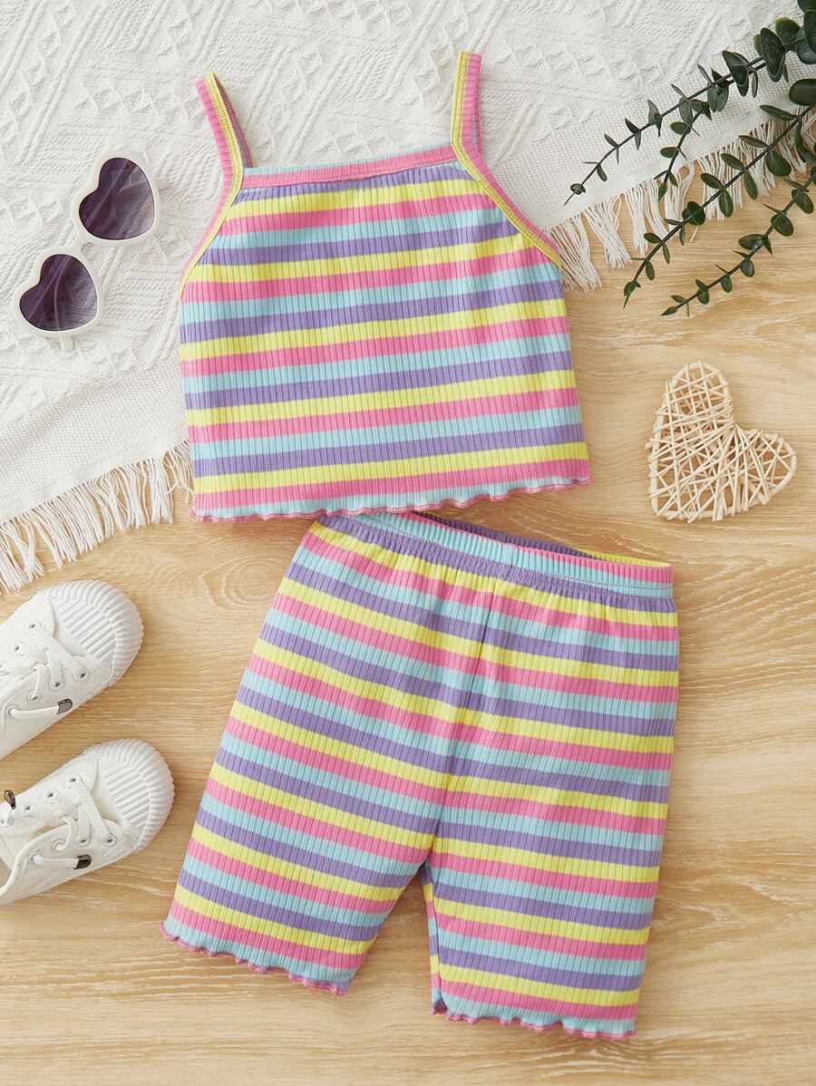 SHEIN 小女童條紋印花木耳邊吊帶背心和短褲 - 彩色 - 查看 1