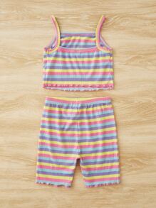 SHEIN 小女童條紋印花木耳邊吊帶背心和短褲 - 彩色 - 查看 2