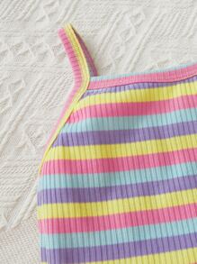 SHEIN 小女童條紋印花木耳邊吊帶背心和短褲 - 彩色 - 查看 3