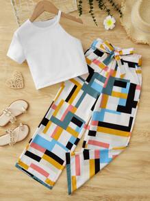 SHEIN 女孩不對稱領T恤和幾何印花腰帶闊腿褲 - 彩色 - 查看 1