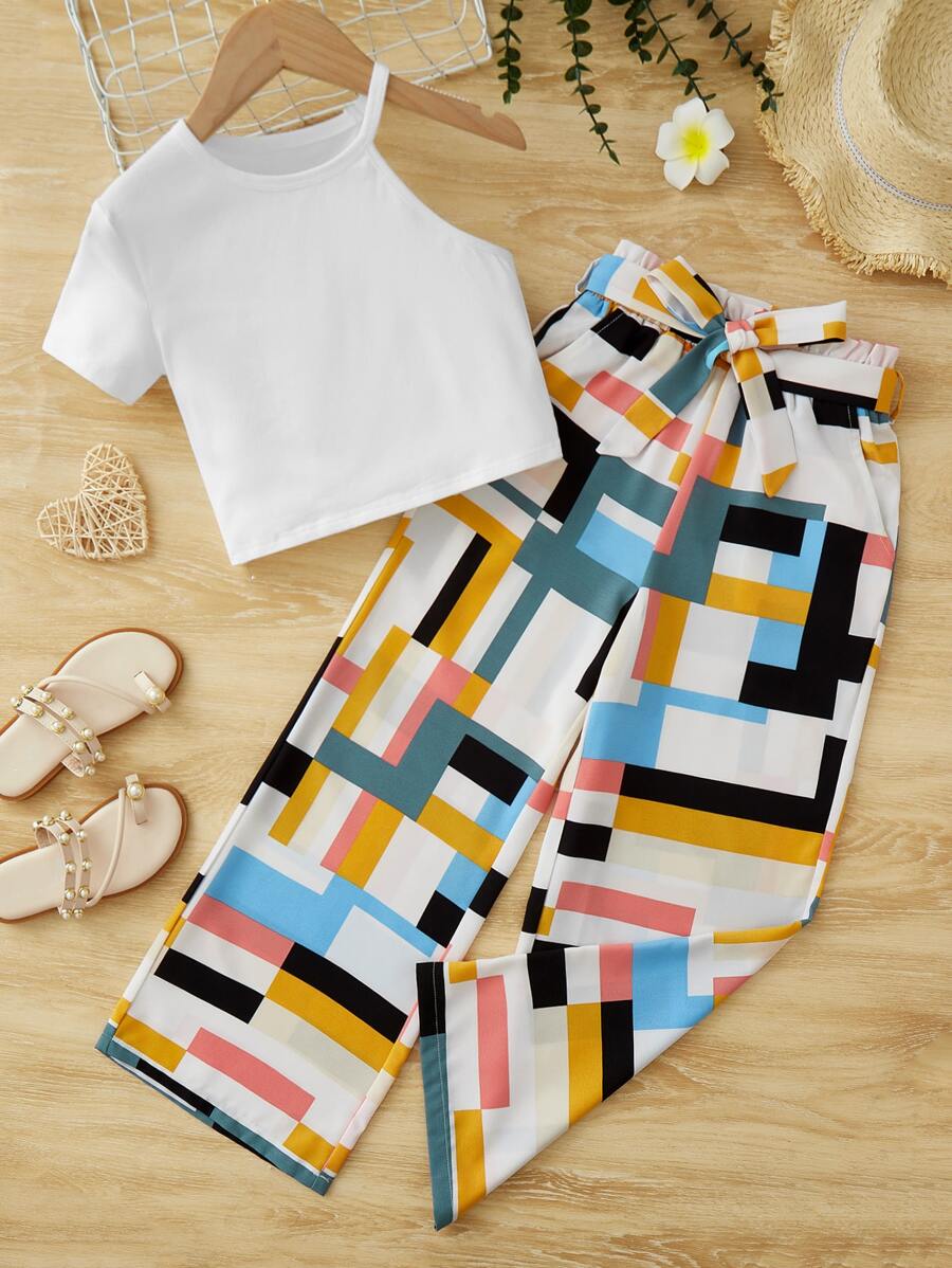 SHEIN 女孩不對稱領T恤和幾何印花腰帶闊腿褲 - 彩色 - 查看 1