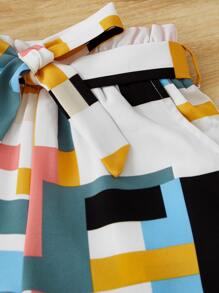 SHEIN 女孩不對稱領T恤和幾何印花腰帶闊腿褲 - 彩色 - 查看 5