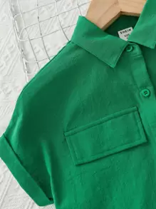 SHEIN 小女童翻蓋細節蝙蝠袖襯衫和紙袋腰短褲 - 綠色 - 查看 3