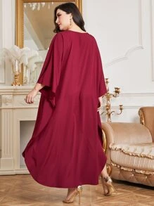 Al Najma 勃艮第红色加水钻细节蝙蝠袖弧形下摆连衣裙 - 酒紅色 - 查看 2