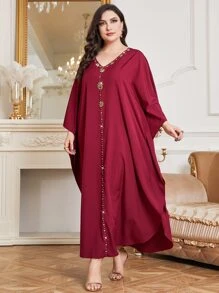 Al Najma 勃艮第红色加水钻细节蝙蝠袖弧形下摆连衣裙 - 酒紅色 - 查看 3