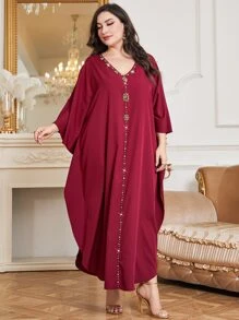 Al Najma 勃艮第红色加水钻细节蝙蝠袖弧形下摆连衣裙 - 酒紅色 - 查看 4