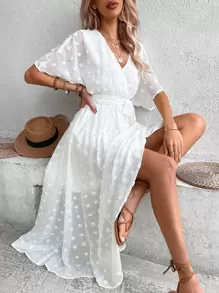 Breezaya Váy Maxi chấm bi tay Dolman chi tiết quấn Swiss Dot thắt lưng trang phục đi biển cho phụ nữ - trắng - Xem 1