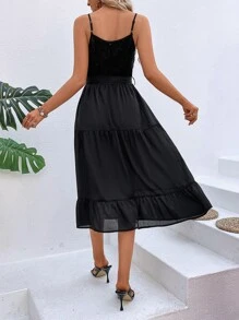 Breezaya Contrast Lace Belted Cami Dress - Black - View 2