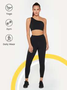 GLOWMODE FeatherFit™ One Shoulder Bra Low Impact Yoga Daily Studio Removable Cups - Black - View 4