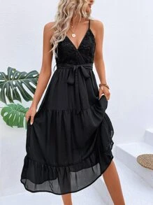 Breezaya Contrast Lace Belted Cami Dress - Black - View 1