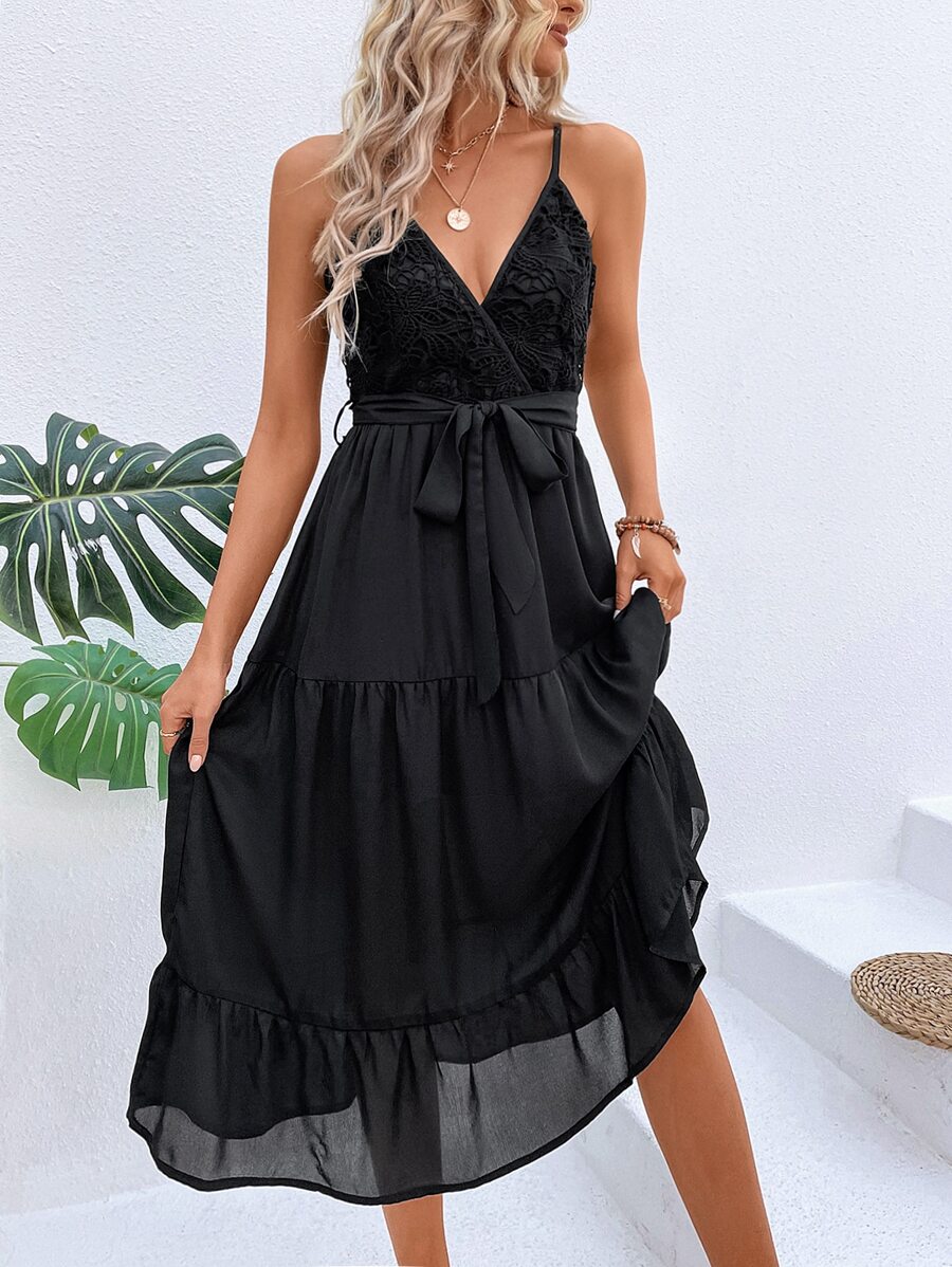 Breezaya Contrast Lace Belted Cami Dress - Black - View 1