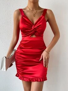 SHEIN Essnce Twist Front Cut Out Ruffle Hem Satin Bodycon Dress - Red - View 4