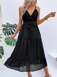 Breezaya Contrast Lace Belted Cami Dress - Black - View 5