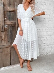 Breezaya Váy Maxi chấm bi tay Dolman chi tiết quấn Swiss Dot thắt lưng trang phục đi biển cho phụ nữ - trắng - Xem 5