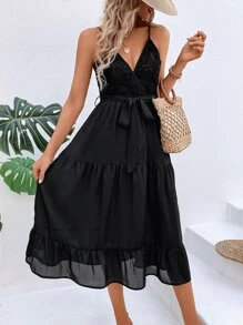 Breezaya Contrast Lace Belted Cami Dress - Black - View 3