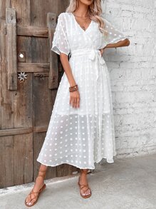 Breezaya Váy Maxi chấm bi tay Dolman chi tiết quấn Swiss Dot thắt lưng trang phục đi biển cho phụ nữ - trắng - Xem 6