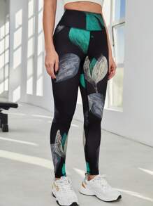Yoga Floral Leaf Print Workout Leggings Absorbs Sweat Breathable Softness Running Tights - Multicolor - View 5