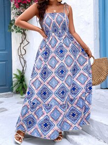 Breezaya Vestido de tirantes con estampado de hombros con cordón bajo con fruncido - Multicolor - Ver 4