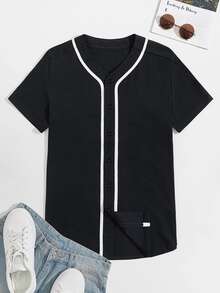 Manfinity 男士字母人物圖案拼接邊襯衫 - 黑色 - 查看 2