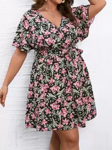 SHEIN Holidaya Plus Floral Print Butterfly Sleeve Belted Dress - Multicolor - View 1